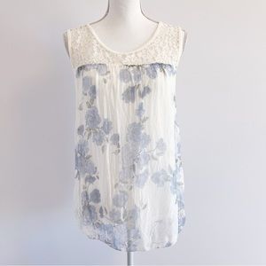 NWOT Bellambra Silk Tank Top Blouse, Lace Detail, Soft Antique-y Floral Print, L